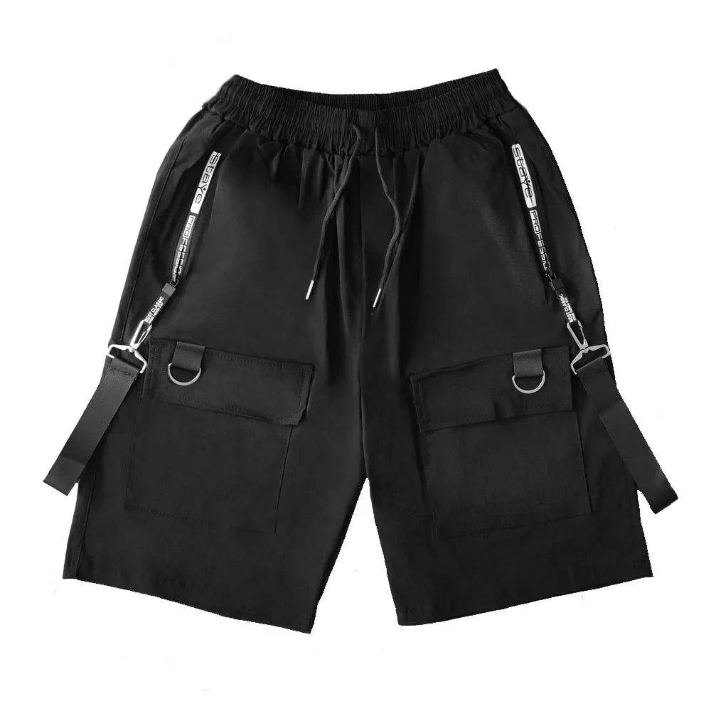 Summer men techwear cargo shorts with ribbons, Japanese Harajuku style, black knee-length, hip hop punk streetwear.