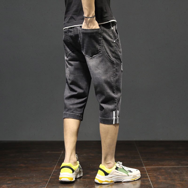 Summer 2021 Mens Streetwear Fashion Casual Straight Denim Shorts Loose Ripped Pants Drawstring Breeches Cowboy Cropped Jeans