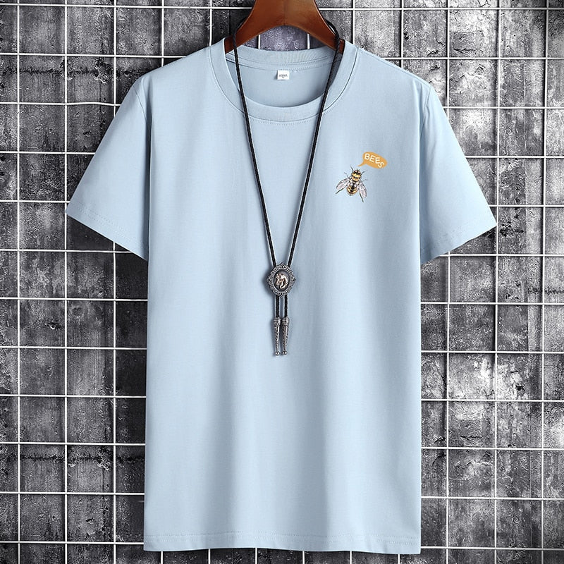 Men's light blue casual sport t-shirt with bee graphic, short sleeves, O-neck, by XMSFTD, fashion 2021.