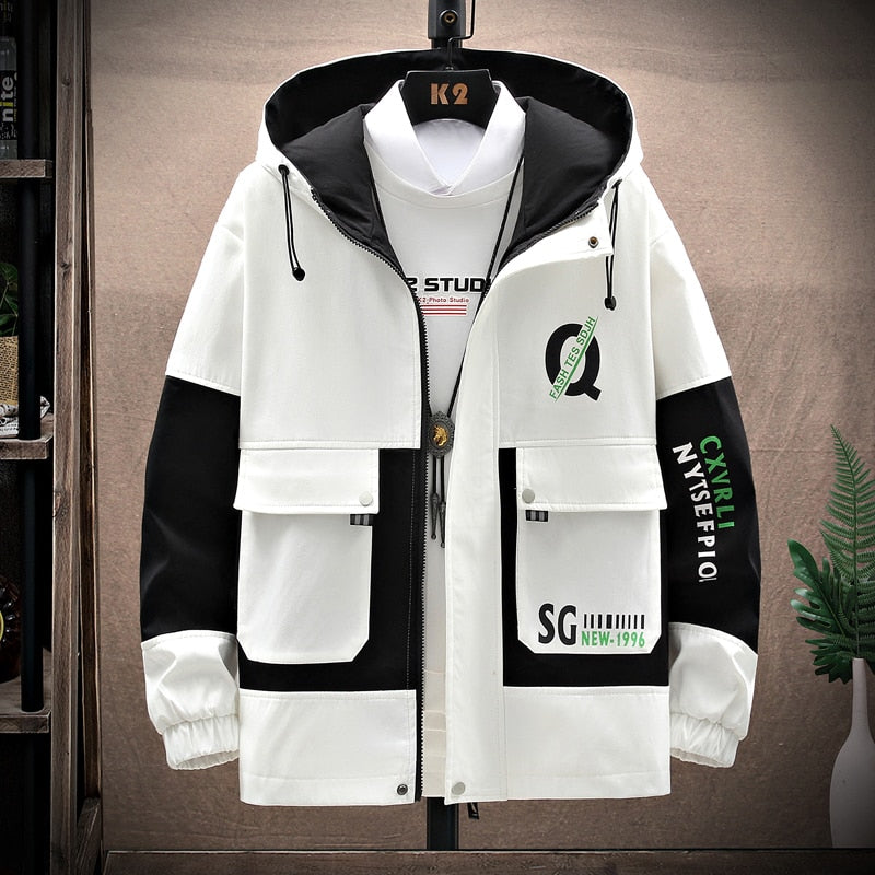 Men's Korean fashion windbreaker jacket in white with black accents and print, featuring a hood and zip closure.