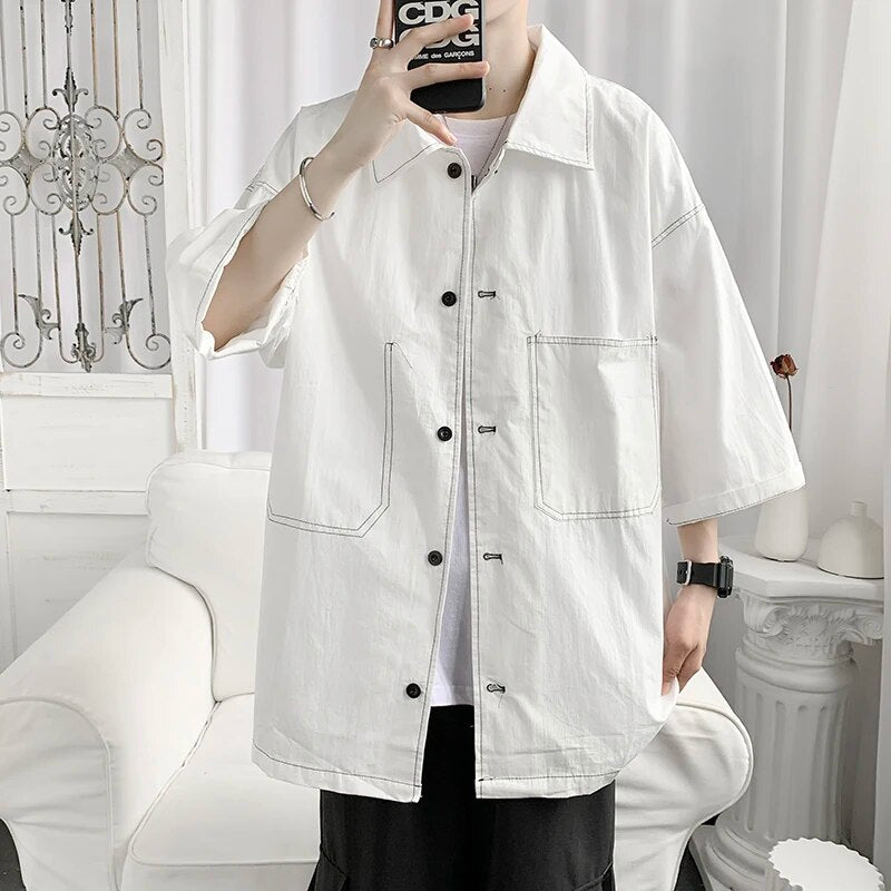 Half Sleeve Shirts Men Loose Business Large Size 3XL Harajuku High Street All Match Handsome Baggy Korean Fashion Outerwear New