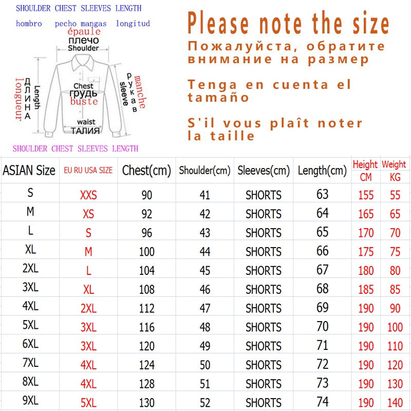 Size chart for men's short sleeve T-shirt, available in sizes M-5XL, with measurements in centimeters and kilograms for chest, shoulder, sleeve, and length.