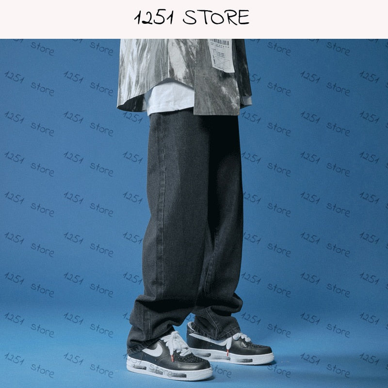 Straight jeans men wide jeans white loose denim trousers, streetwear casual hip hop style, 1251 store.