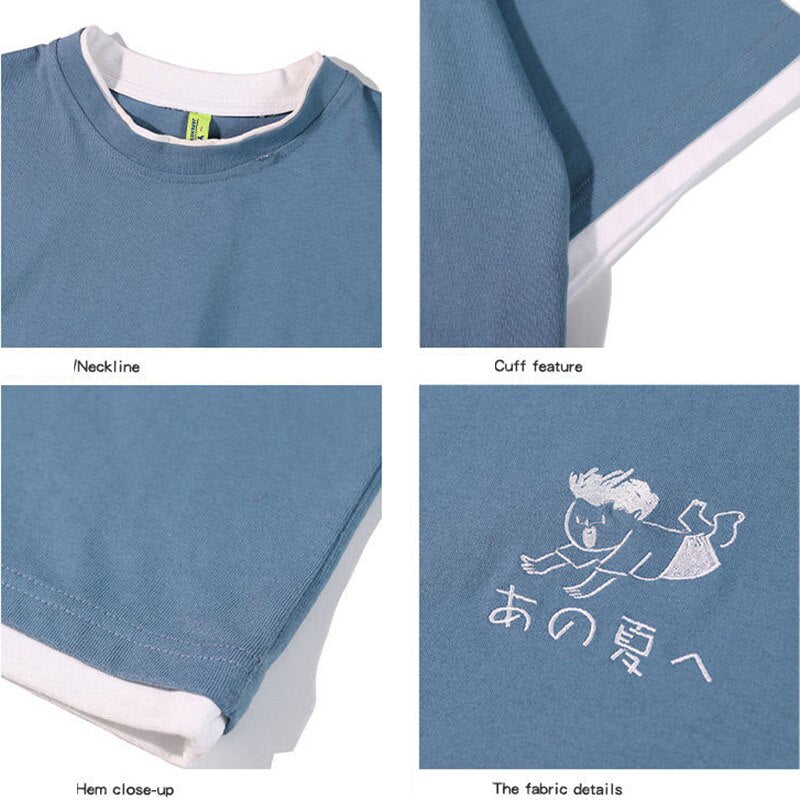 Men's summer embroidery cartoon short sleeve T-shirt, Korean style, O-neck, blue and white.