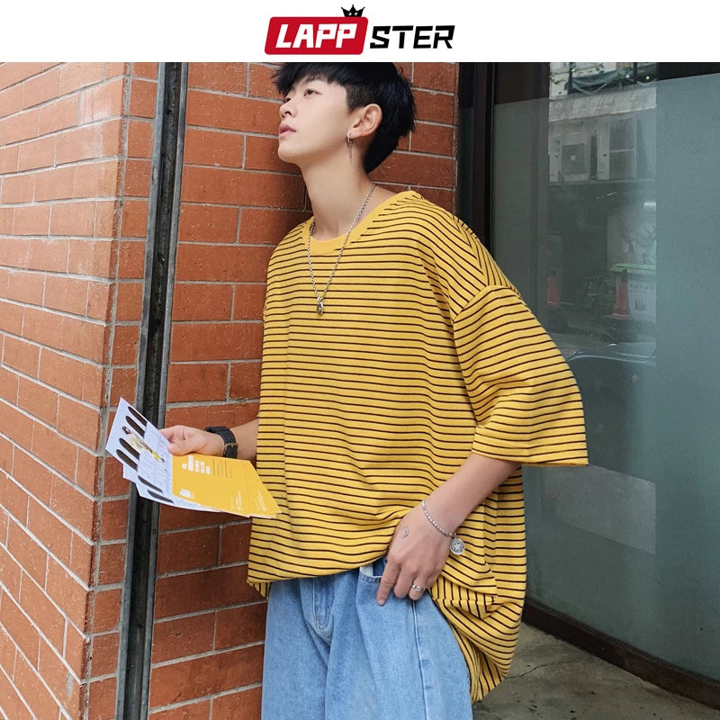 LAPPSTER Streetwear Men Striped T Shirt Summer 2023 Mens Harajuku Korean Fashions Hip Hop T-Shirt Male Oversized Yellow Tshirt