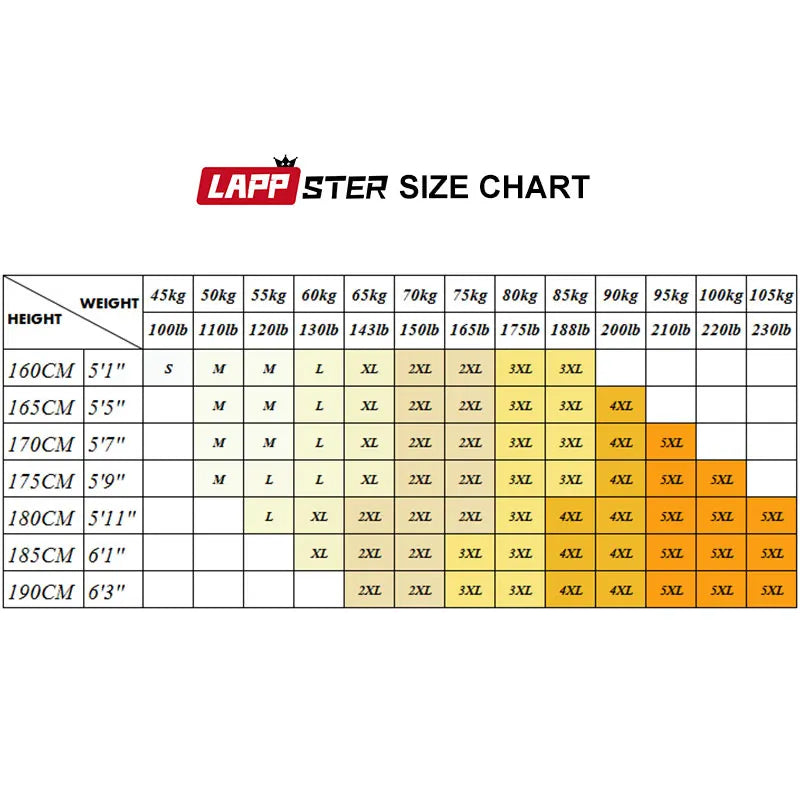 LAPPSTER size chart for 2023 summer Harajuku fashion shirts with weight and height guidelines.