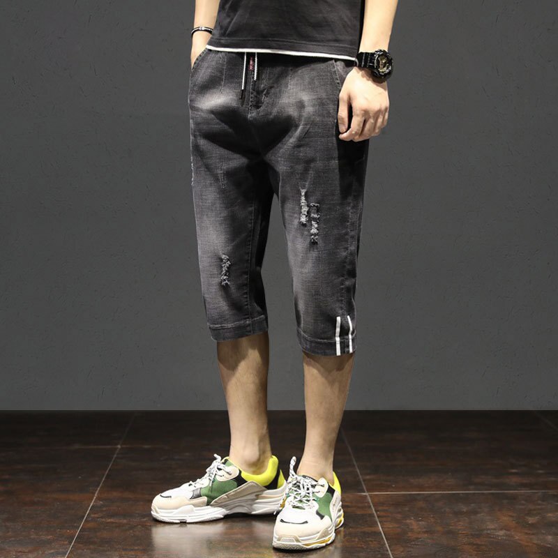 Summer 2021 Mens Streetwear Fashion Casual Straight Denim Shorts Loose Ripped Pants Drawstring Breeches Cowboy Cropped Jeans