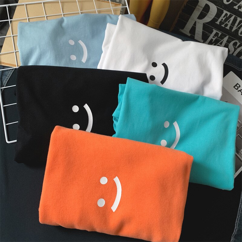 Men's plus-size half sleeve t-shirts with smiley print in various colors, M-3XL, casual Korean summer fashion.