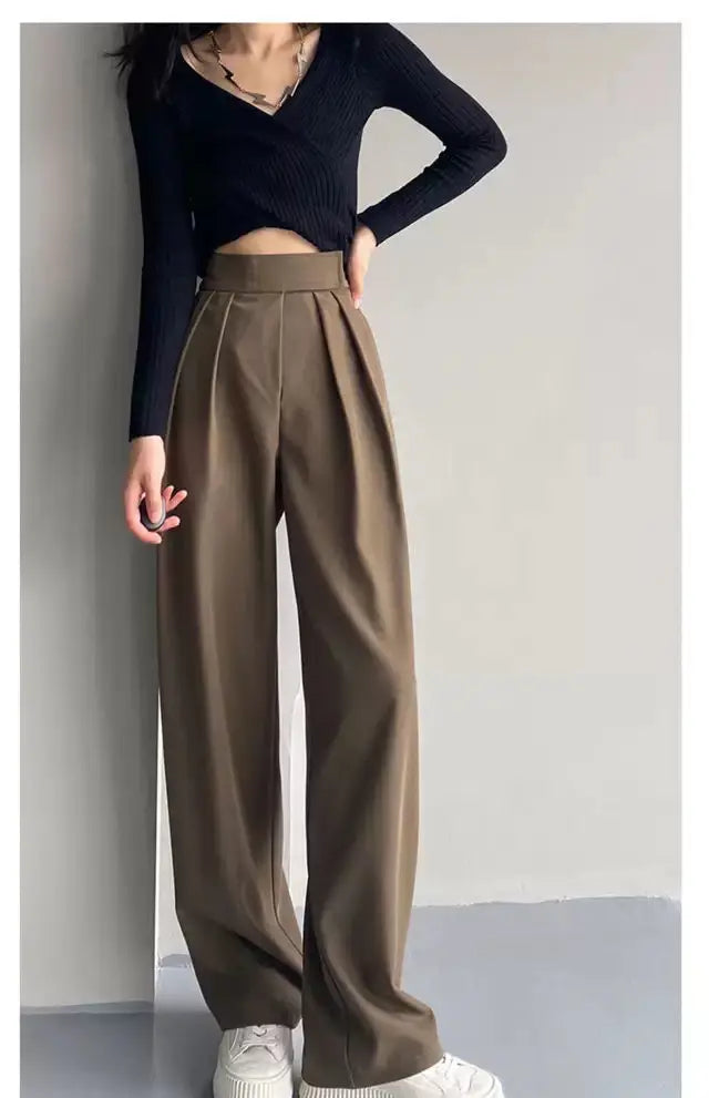 Jielur Brown Wide Leg Women Classic Suit Pants Vintage Palazzo Office Elegant Casual Black Trousers Female High Waist Pants