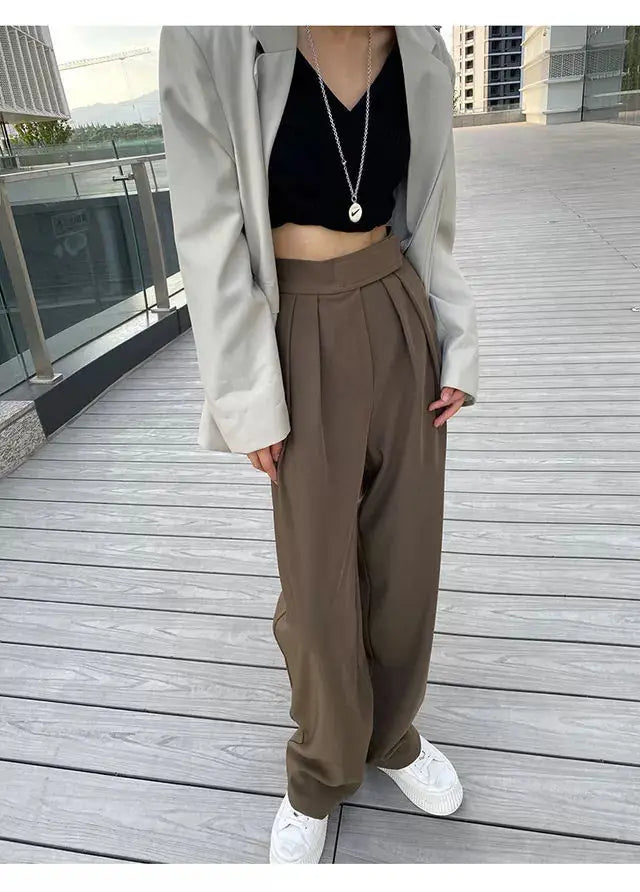 Jielur Brown Wide Leg Women Classic Suit Pants Vintage Palazzo Office Elegant Casual Black Trousers Female High Waist Pants