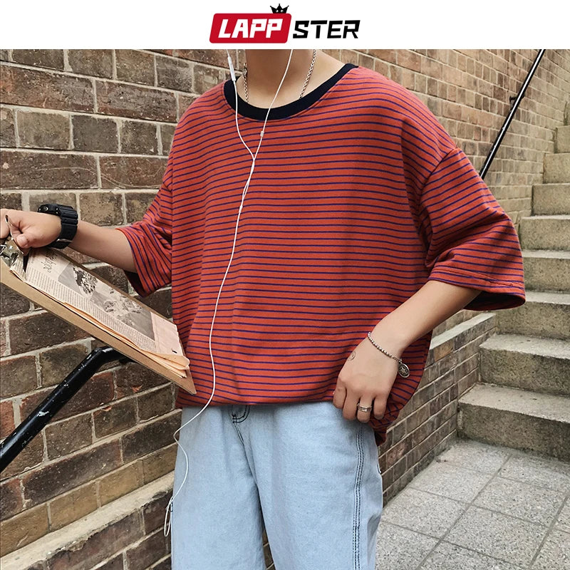 LAPPSTER Streetwear Men Striped T Shirt Summer 2023 Mens Harajuku Korean Fashions Hip Hop T-Shirt Male Oversized Yellow Tshirt