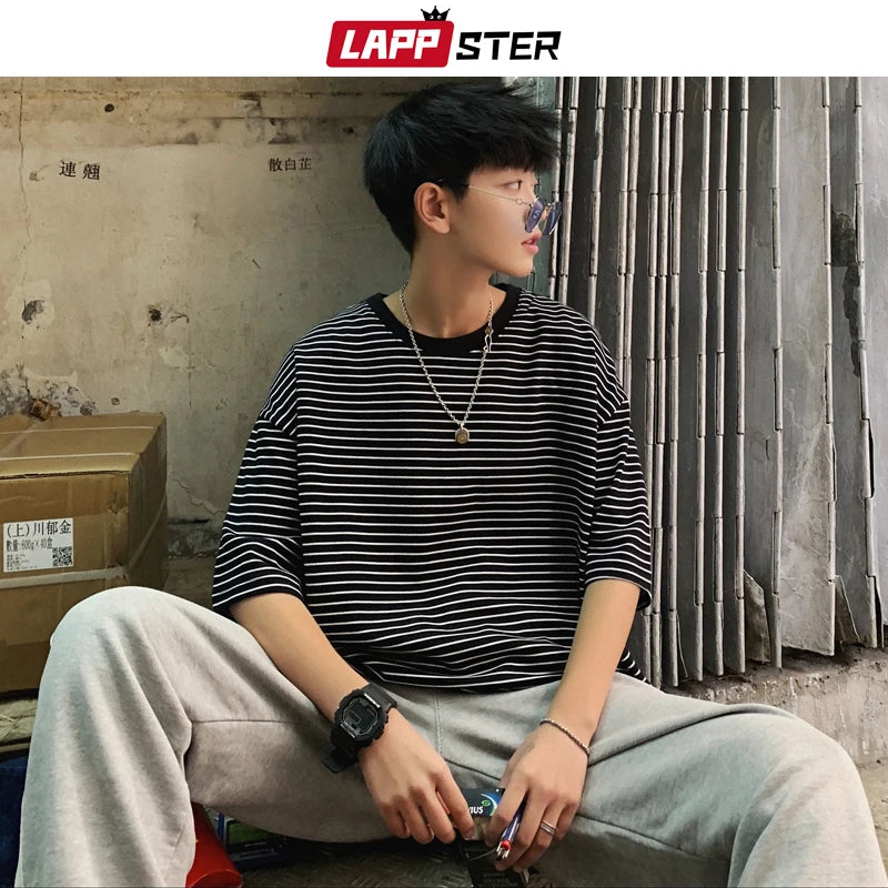 LAPPSTER Streetwear Men Striped T Shirt Summer 2023 Mens Harajuku Korean Fashions Hip Hop T-Shirt Male Oversized Yellow Tshirt