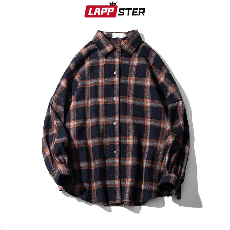 LAPPSTER Y2k Harajuku Plaid Shirt, long sleeve vintage Korean fashion, men's streetwear.