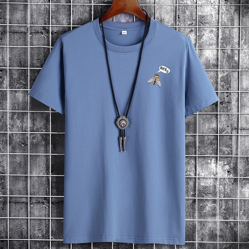 Men's casual blue short-sleeve sport t-shirt with O-neck, 2021 fashion.