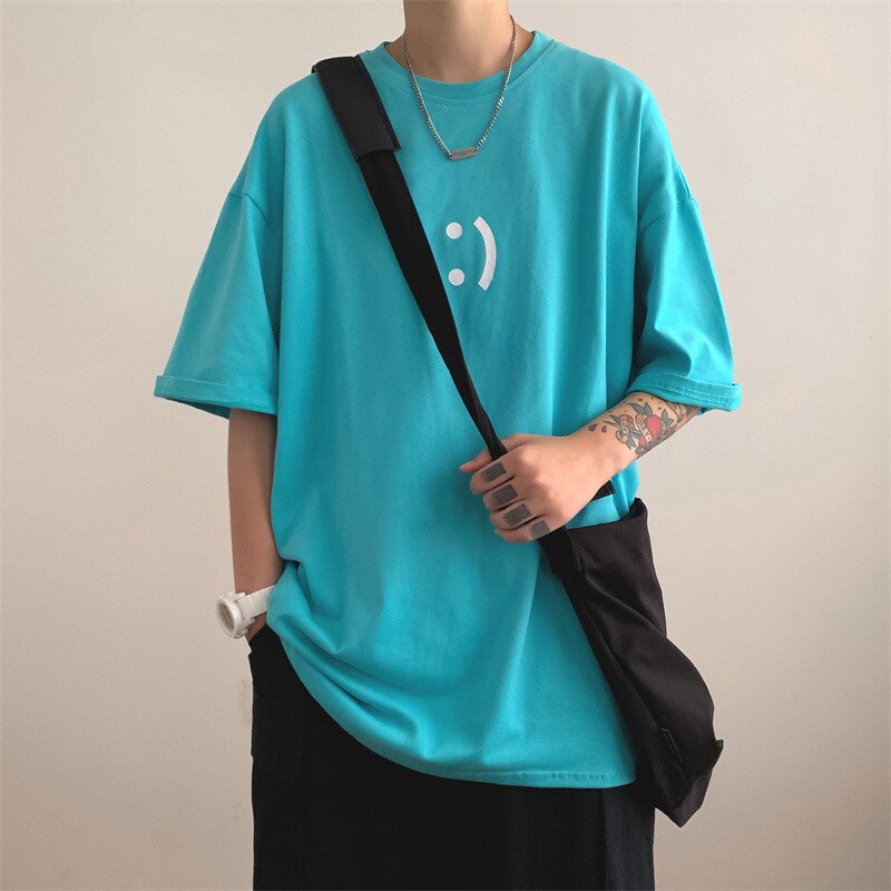 Men's casual half-sleeve t-shirt, plus sizes M-3XL, summer fashion, Korean style, chic print, turquoise.