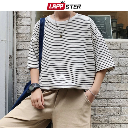 LAPPSTER Streetwear Men Striped T Shirt Summer 2023 Mens Harajuku Korean Fashions Hip Hop T-Shirt Male Oversized Yellow Tshirt