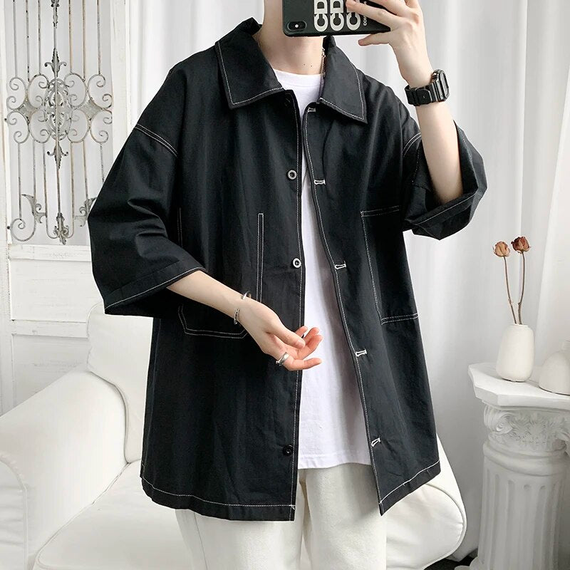 Half Sleeve Shirts Men Loose Business Large Size 3XL Harajuku High Street All Match Handsome Baggy Korean Fashion Outerwear New