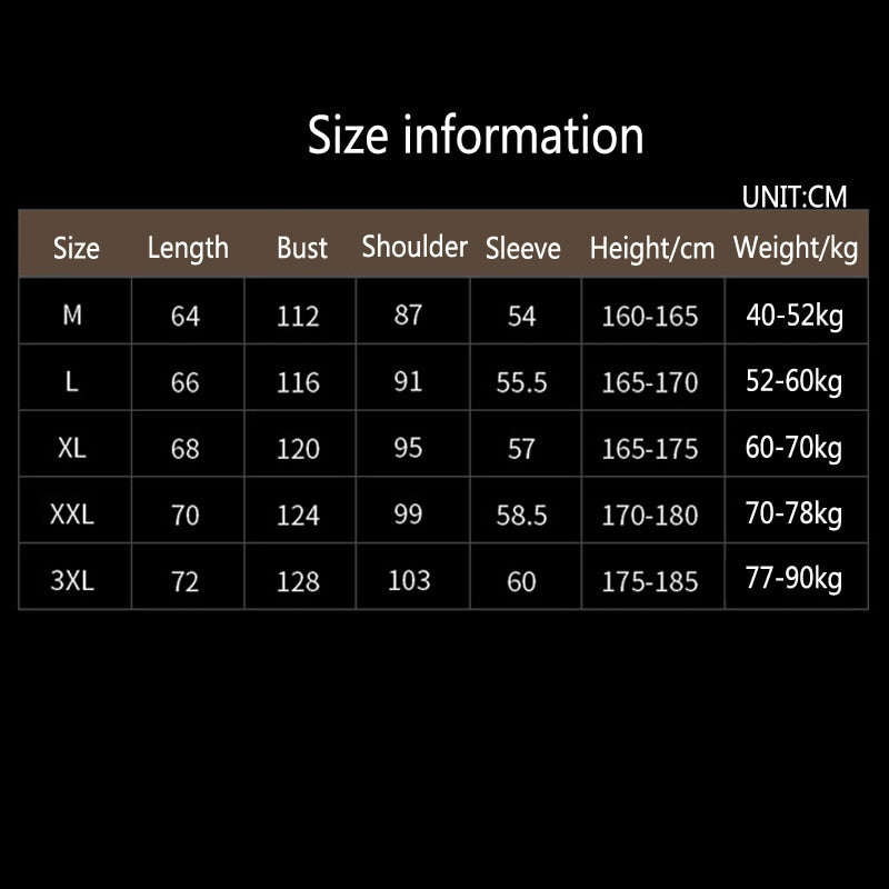 Men's windbreaker jacket size chart, includes sizes M to 3XL, with measurements for length, bust, shoulder, sleeve, height, and weight.