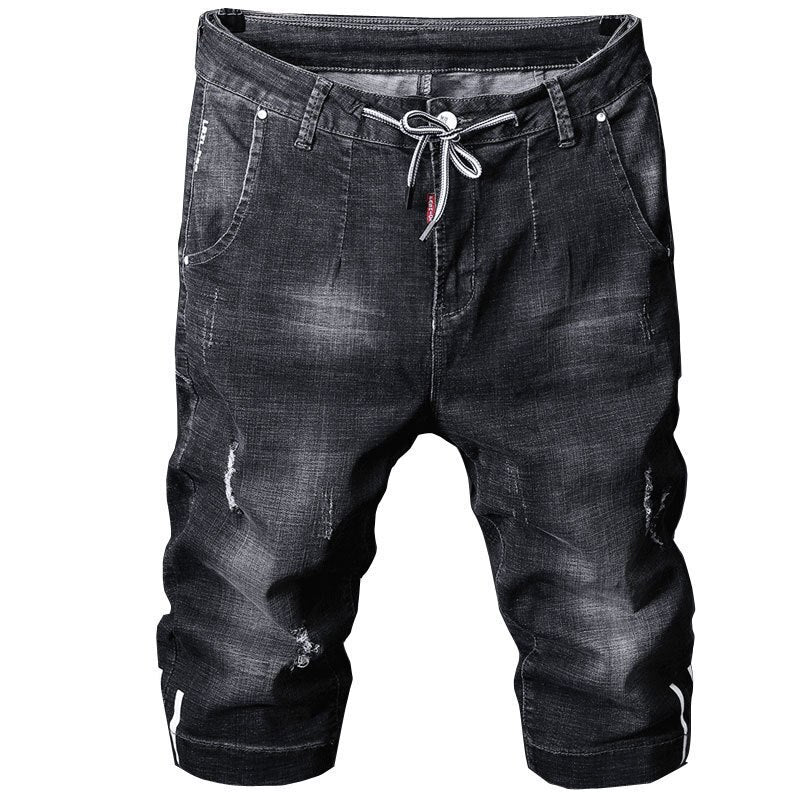 Summer 2021 Mens Streetwear Fashion Casual Straight Denim Shorts Loose Ripped Pants Drawstring Breeches Cowboy Cropped Jeans