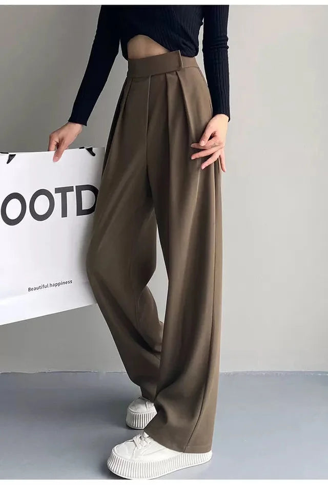 Jielur Brown Wide Leg Women Classic Suit Pants Vintage Palazzo Office Elegant Casual Black Trousers Female High Waist Pants