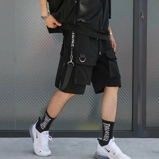 Summer men shorts techwear Japanese Harajuku fashion hip hop punk streetwear cargo shorts with ribbons and drawstring closure.