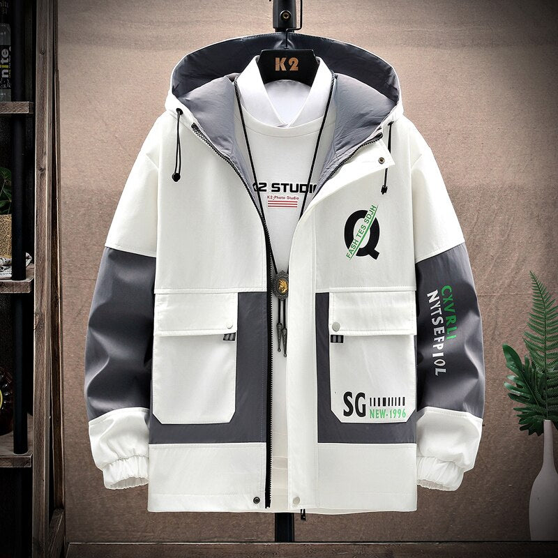 Men's windbreaker jacket, Korea fashion, casual print coat, spring/autumn, hooded, zipper closure, cotton material.