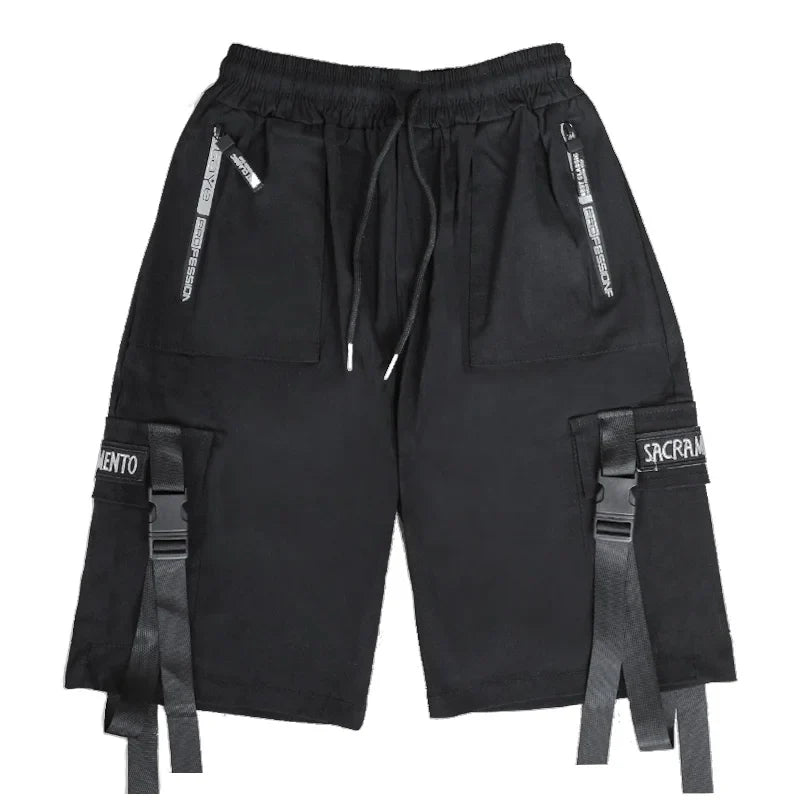 Summer techwear Japanese Harajuku cargo shorts for men with ribbons and drawstring.