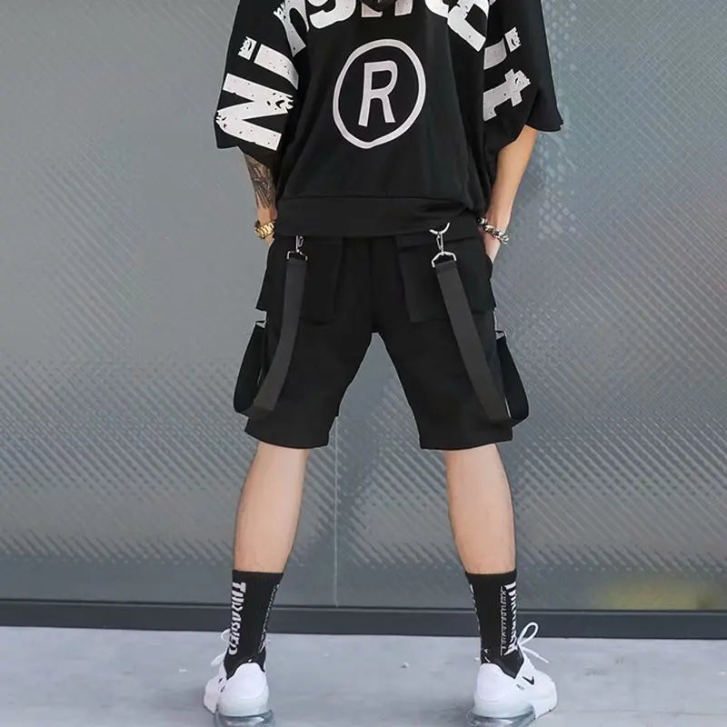 Summer men shorts techwear, Japanese Harajuku fashion, hip hop punk streetwear, black cargo shorts with ribbons.