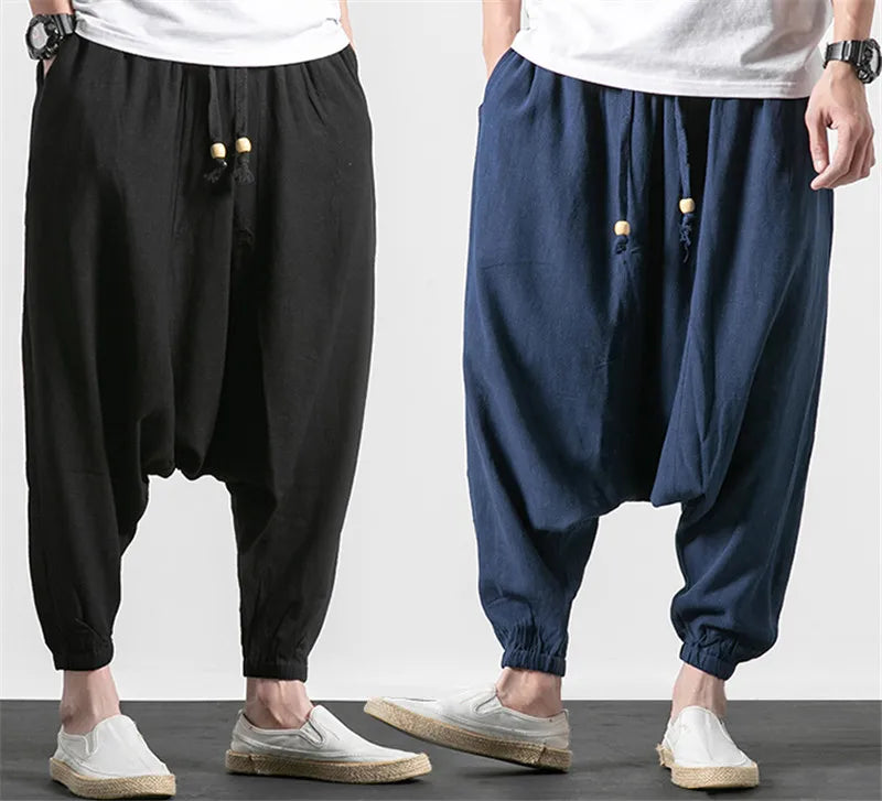 M-6XL 7XL Plus size men's cotton linen pants fashion 2024 Autumn long cross-pants Summer hip hop Dance pants black gary white