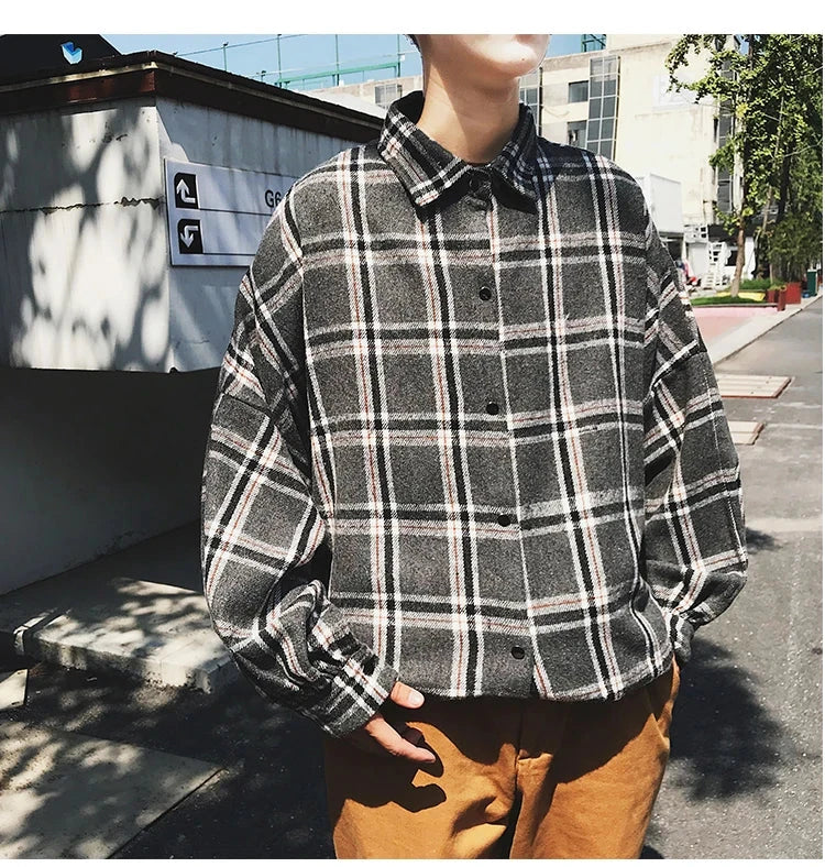 LAPPSTER Y2k Harajuku plaid shirt, long sleeve, vintage Korean fashion, men's streetwear, 2023.