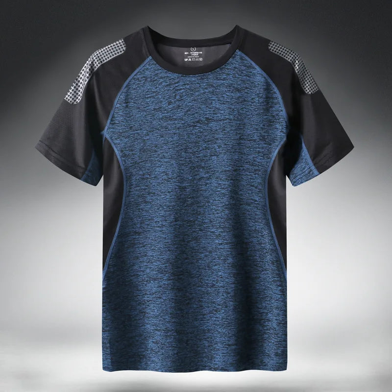 Quick dry sport T-shirt for men, 2024, short sleeves, summer casual, cotton blend, blue and black, patchwork design.