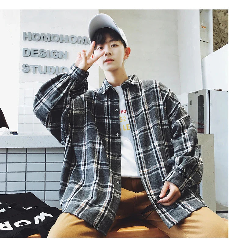 LAPPSTER Y2k Harajuku plaid shirt, men's vintage Korean streetwear fashion, long sleeve fleece.