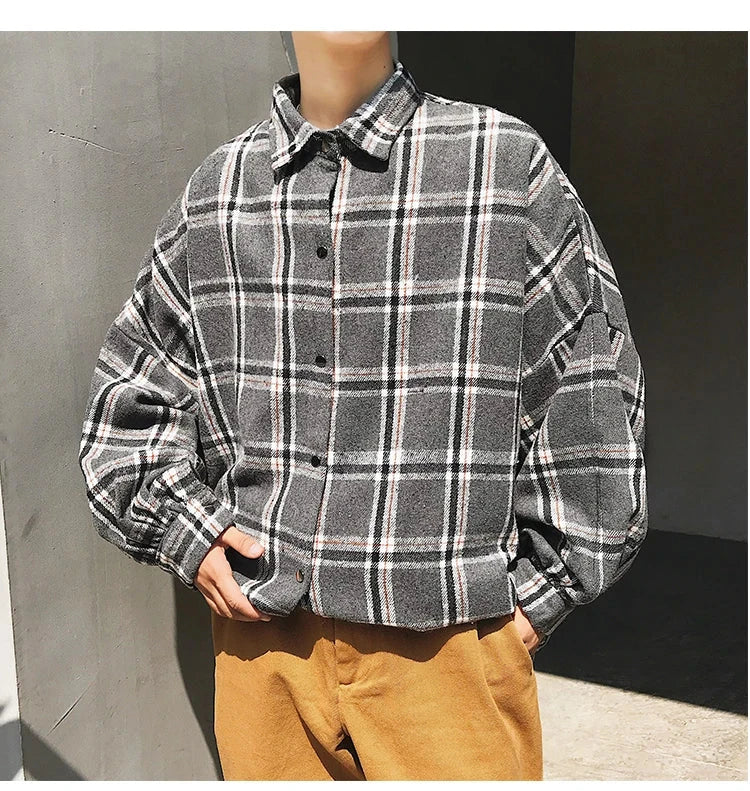 LAPPSTER Y2k Harajuku Plaid Shirt 2023, men's vintage Korean fashion, long sleeve fleece streetwear.