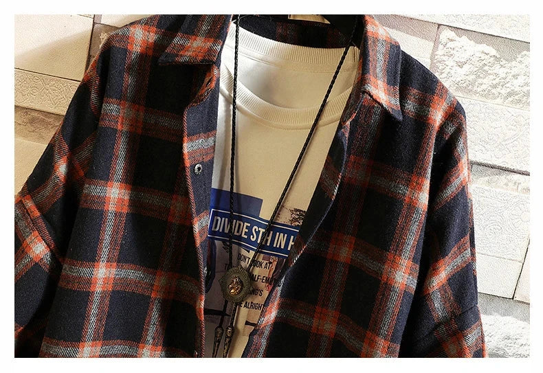 LAPPSTER Y2k Harajuku plaid shirt, men's vintage streetwear, long sleeve fleece with turn-down collar.