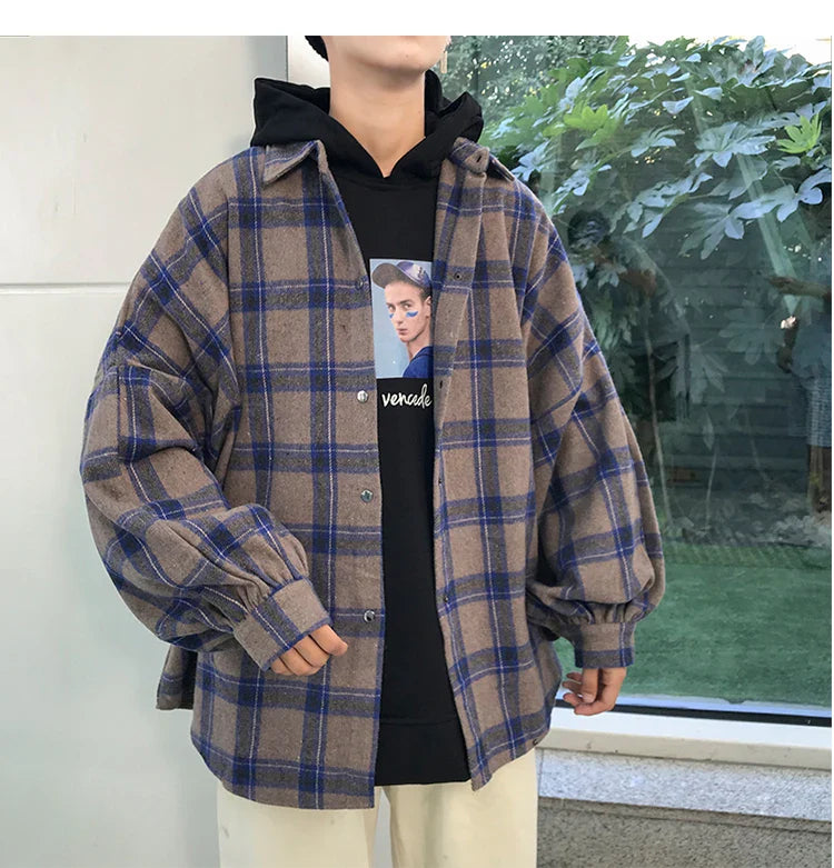 LAPPSTER Y2k Harajuku plaid shirt for men, long sleeve vintage Korean streetwear fashion.