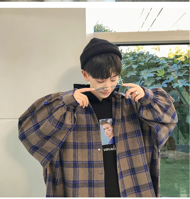 LAPPSTER Y2k Harajuku plaid fleece shirt for men, vintage Korean streetwear style.