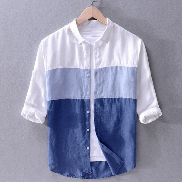 Italy brand linen shirt, men's fashion, three-quarter sleeves, color-block design, casual style.