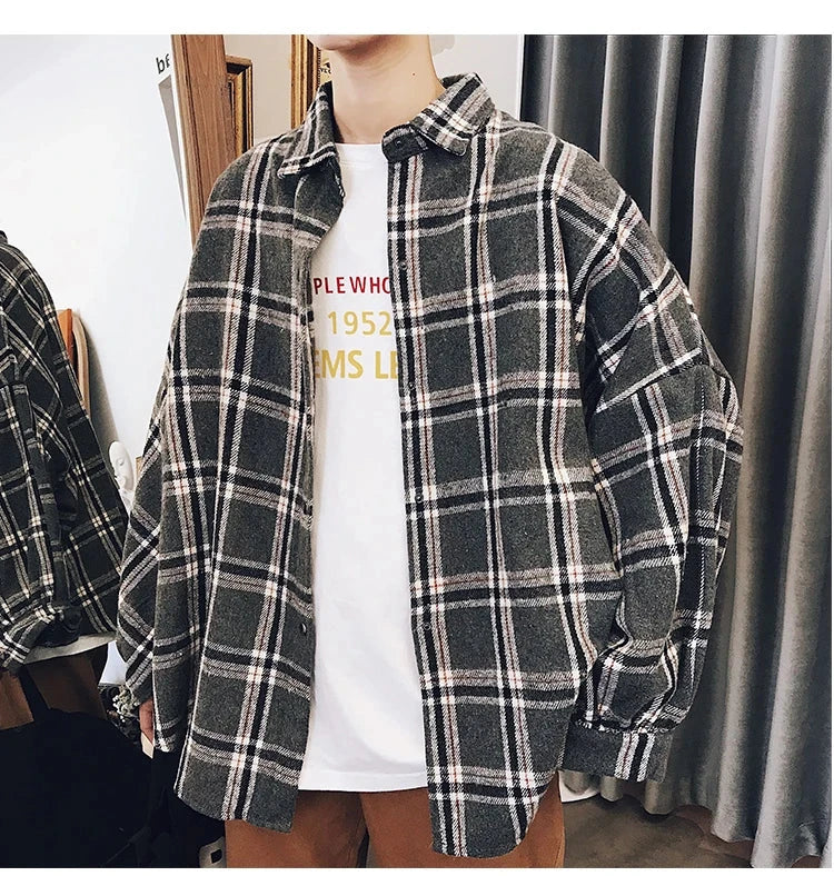 LAPPSTER Y2k Harajuku plaid fleece shirt, long sleeve, vintage Korean fashion.