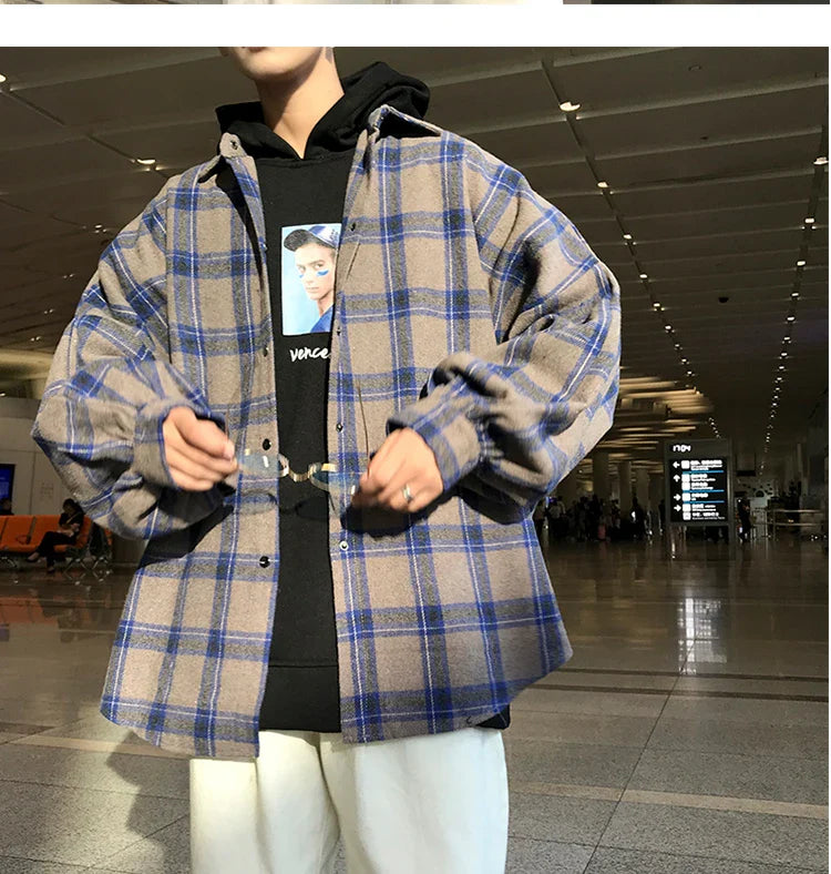 LAPPSTER Y2k Harajuku plaid shirt, fleece, long sleeve, vintage Korean streetwear style for men.