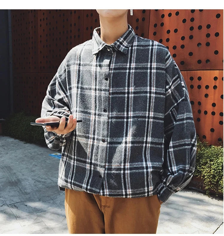 LAPPSTER Y2k Harajuku plaid shirt, long sleeve, vintage Korean streetwear for men, 2023 fashion.