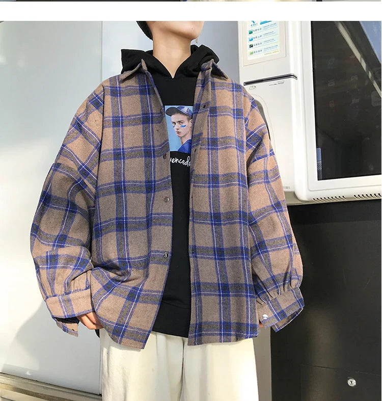 LAPPSTER Y2k Harajuku plaid shirt, vintage Korean streetwear, long sleeve, modeled with layered casual style.