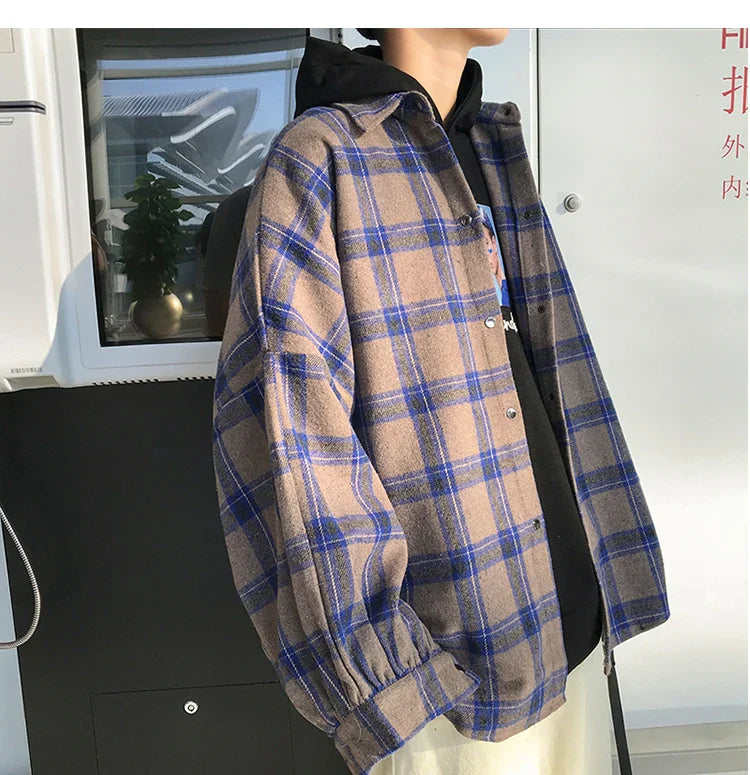 LAPPSTER Y2k Harajuku plaid shirt, men's vintage Korean streetwear, long sleeve, fleece material.