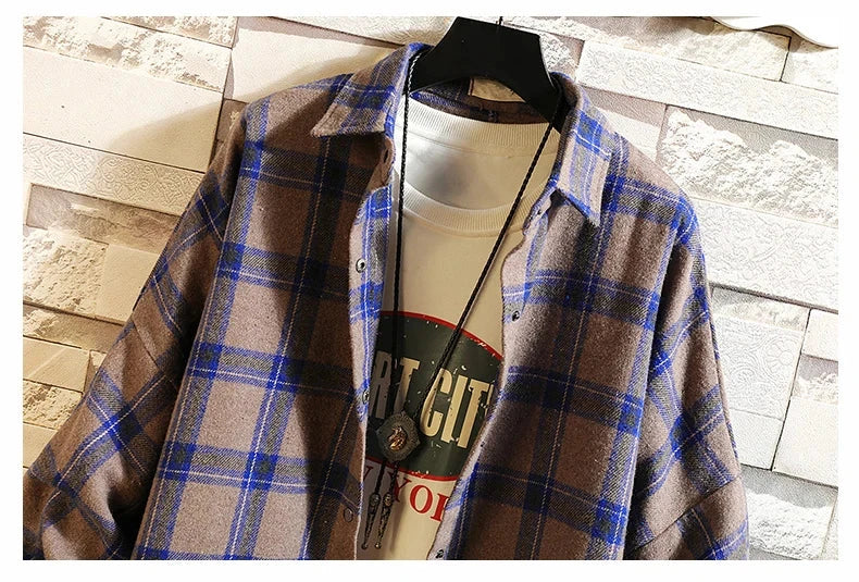 LAPPSTER Y2k Harajuku plaid shirt, long sleeve, vintage Korean streetwear fashion, men's fleece shirt.