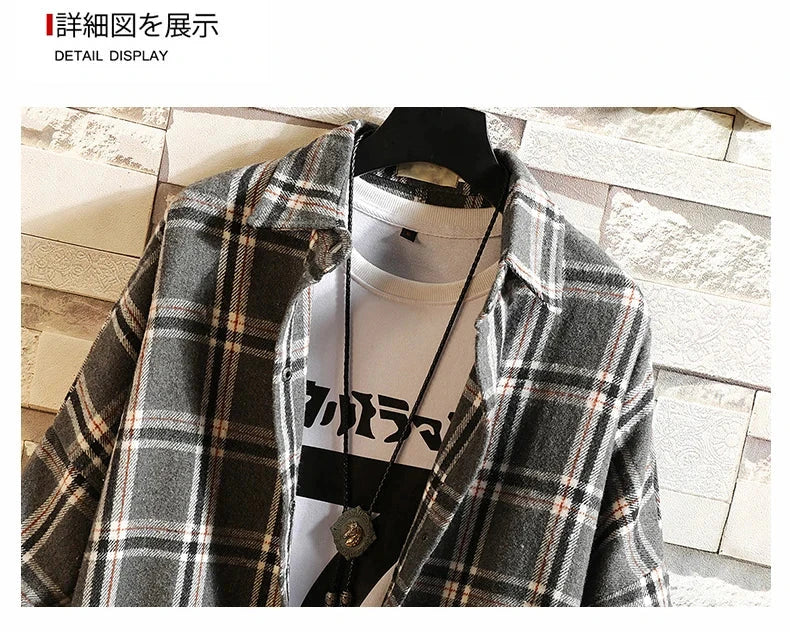 LAPPSTER Y2k Harajuku plaid shirt, long sleeve, vintage Korean fashion, men's streetwear, gray and white design with turn-down collar.