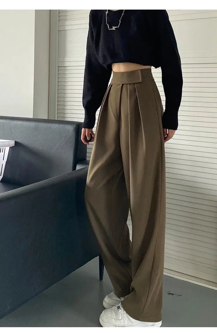 Jielur Brown Wide Leg Women Classic Suit Pants Vintage Palazzo Office Elegant Casual Black Trousers Female High Waist Pants