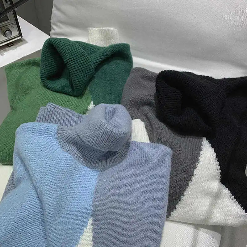 Oversized Men Sweater Patchwork Turtleneck Pullovers Autumn Winter Thick Warm Sweater Ins Fashion Clothing Knit Male Pullovers