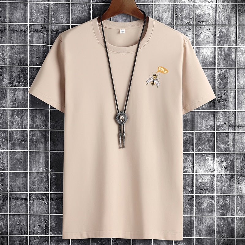 Men's 2021 fashion sport t-shirt, casual short sleeve, solid pattern with bee graphic, O-neck style.