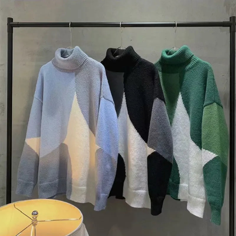 Oversized Men Sweater Patchwork Turtleneck Pullovers Autumn Winter Thick Warm Sweater Ins Fashion Clothing Knit Male Pullovers