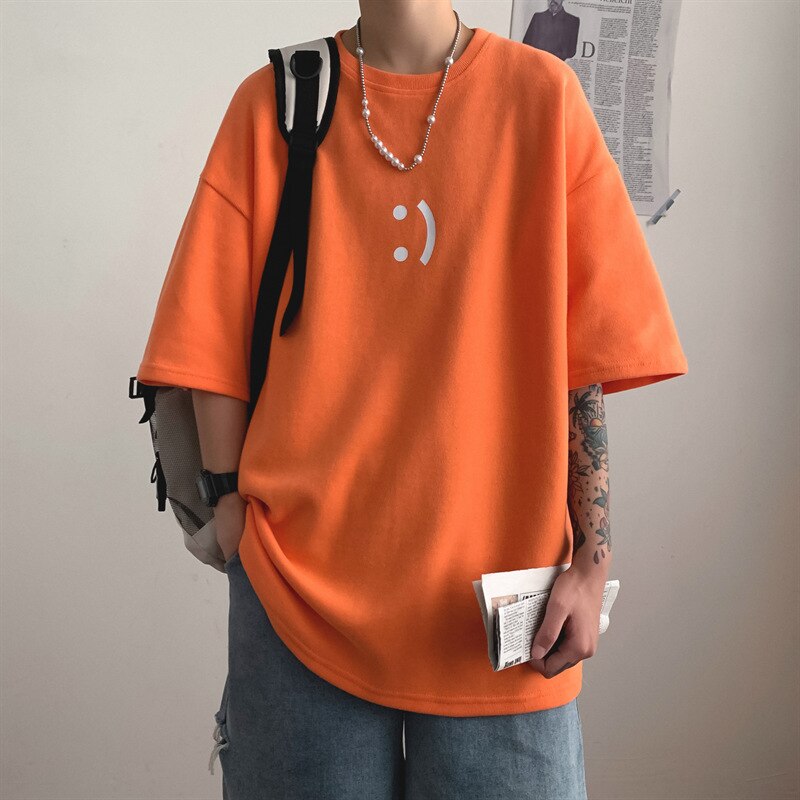 Men's orange half-sleeve T-shirt with print, plus sizes M-3XL, summer Korean style, casual chic fashion.