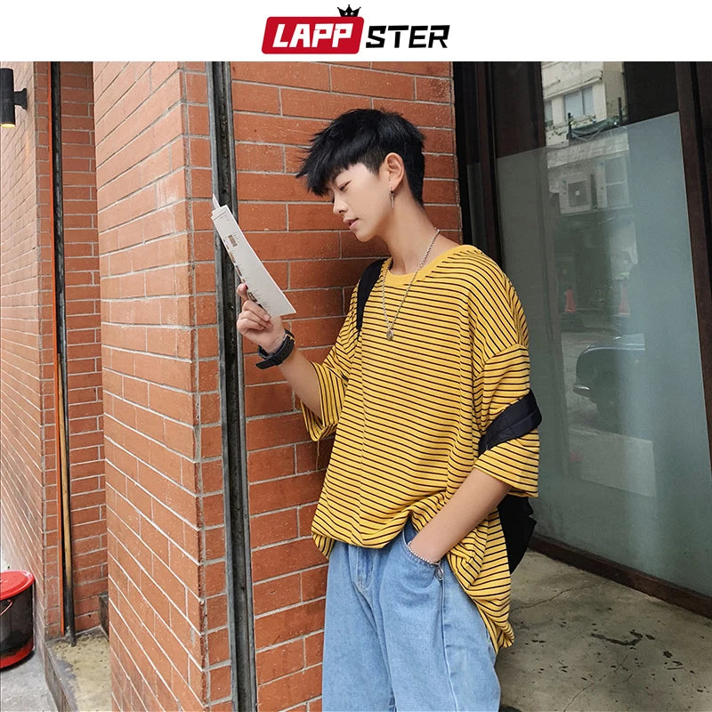 LAPPSTER Streetwear Men Striped T Shirt Summer 2023 Mens Harajuku Korean Fashions Hip Hop T-Shirt Male Oversized Yellow Tshirt